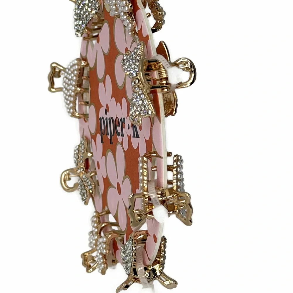 Piper K Gold Tone faux Pearl Silver Rhinestones Mini Hair Claw Clips Set of 8